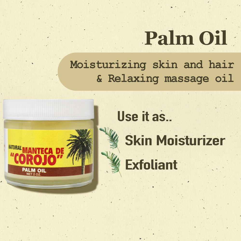 Phamark Manteca de Corojo palm oil 2oz packaging shown for easy pour and portioning.