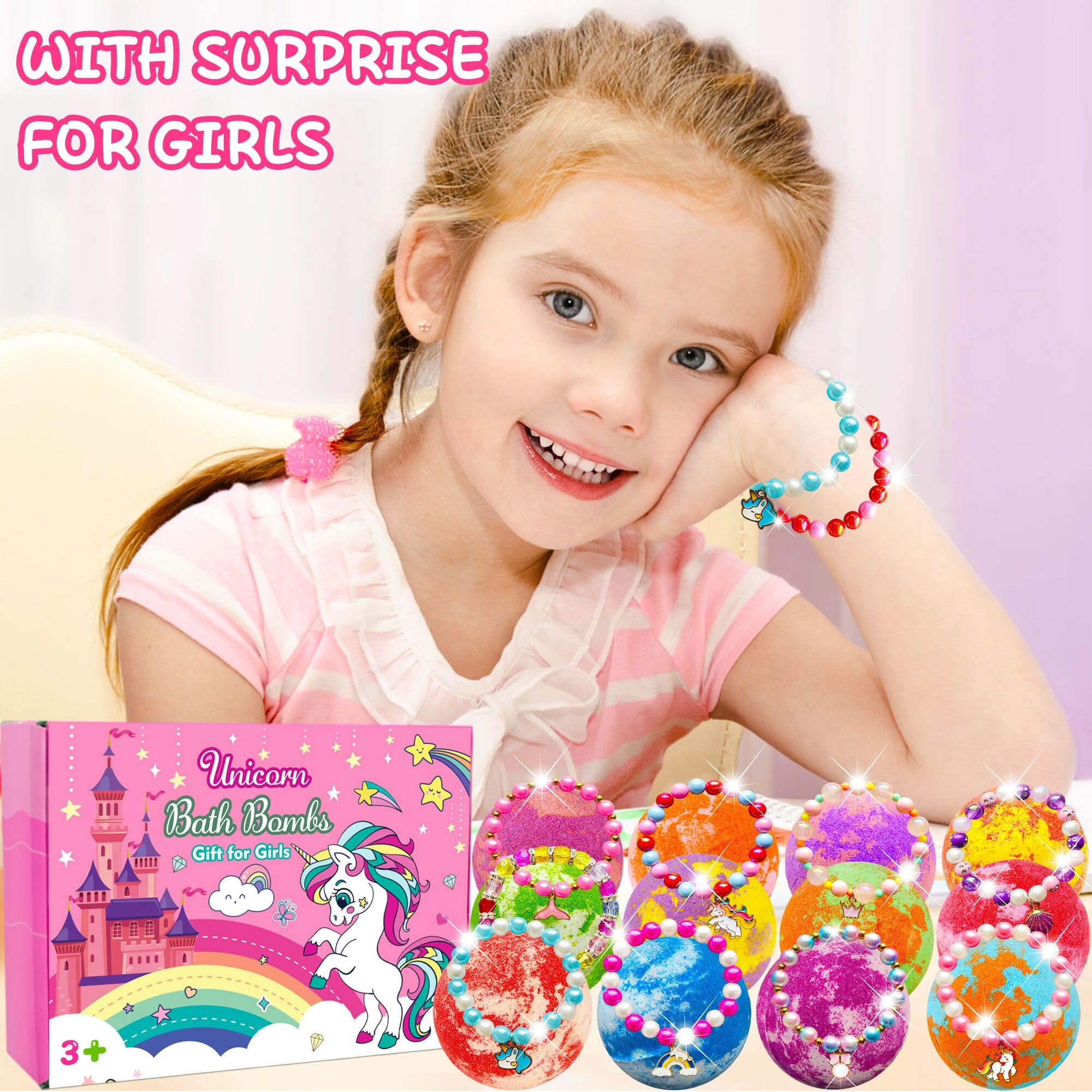 Phaorui Unicorn Bath Bombs bracelet inside reveals jewelry surprise for kids.