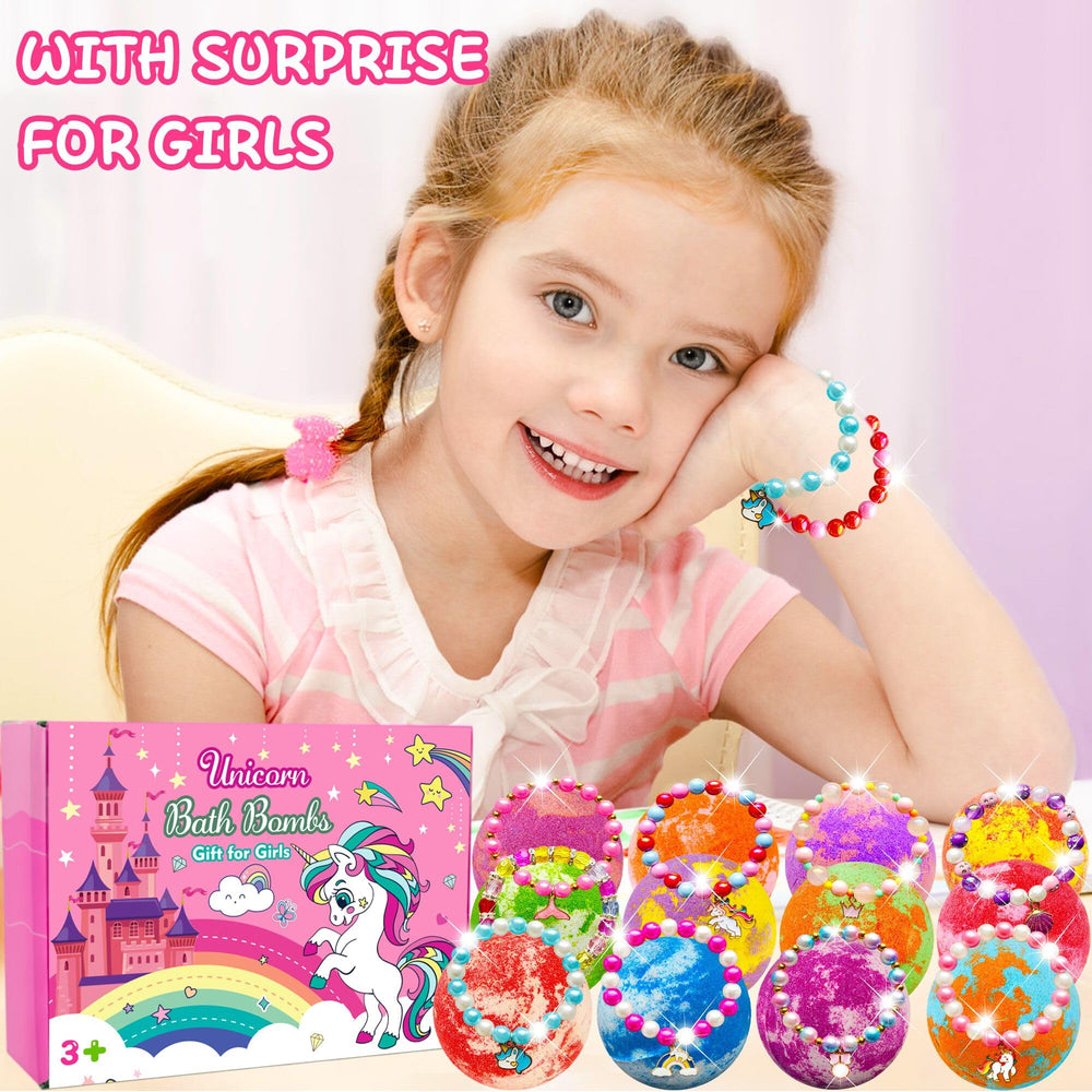 Phaorui Unicorn Bath Bombs bracelet inside reveals jewelry surprise for kids.
