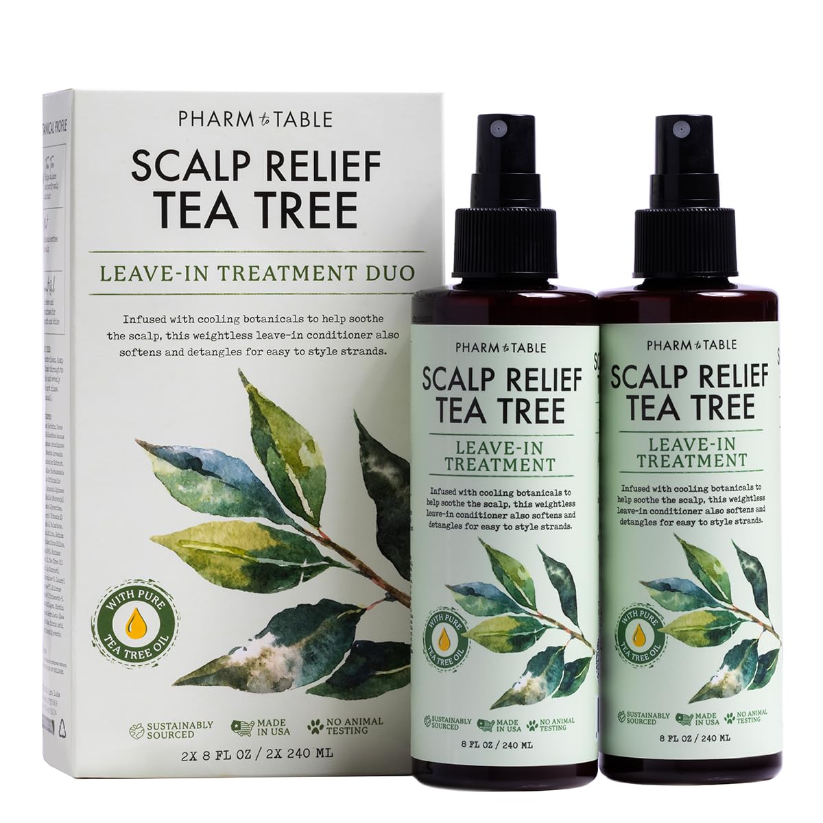PHARM TO TABLE leave-in conditioner tea-tree bottle pour promotes easy scalp application