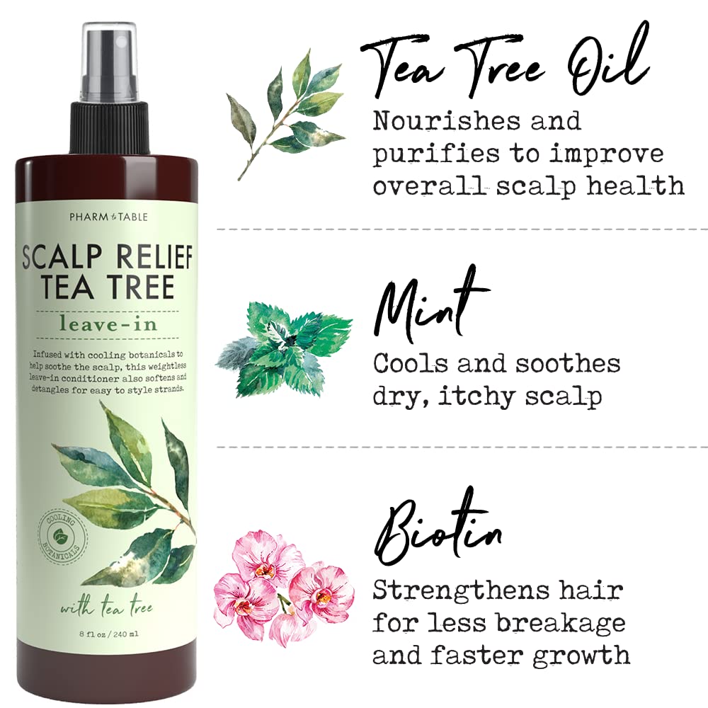 PHARM TO TABLE leave-in conditioner tea-tree label closeup highlights tea-tree ingredient benefits