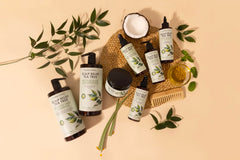 PHARM TO TABLE leave-in conditioner tea-tree spray application demonstrates lightweight hydration on hair