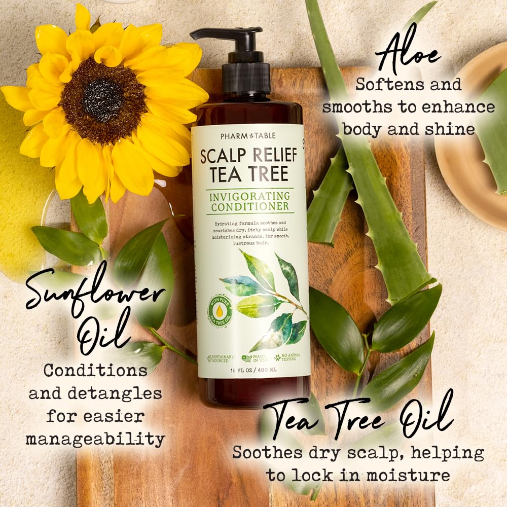 PHARM TO TABLE Tea Tree Conditioner ingredients close-up shows tea tree oil and aloe benefits.