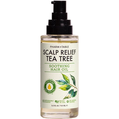 PHARM TO TABLE Tea Tree Hair Oil bottle shows scalp hydration and conditioning.