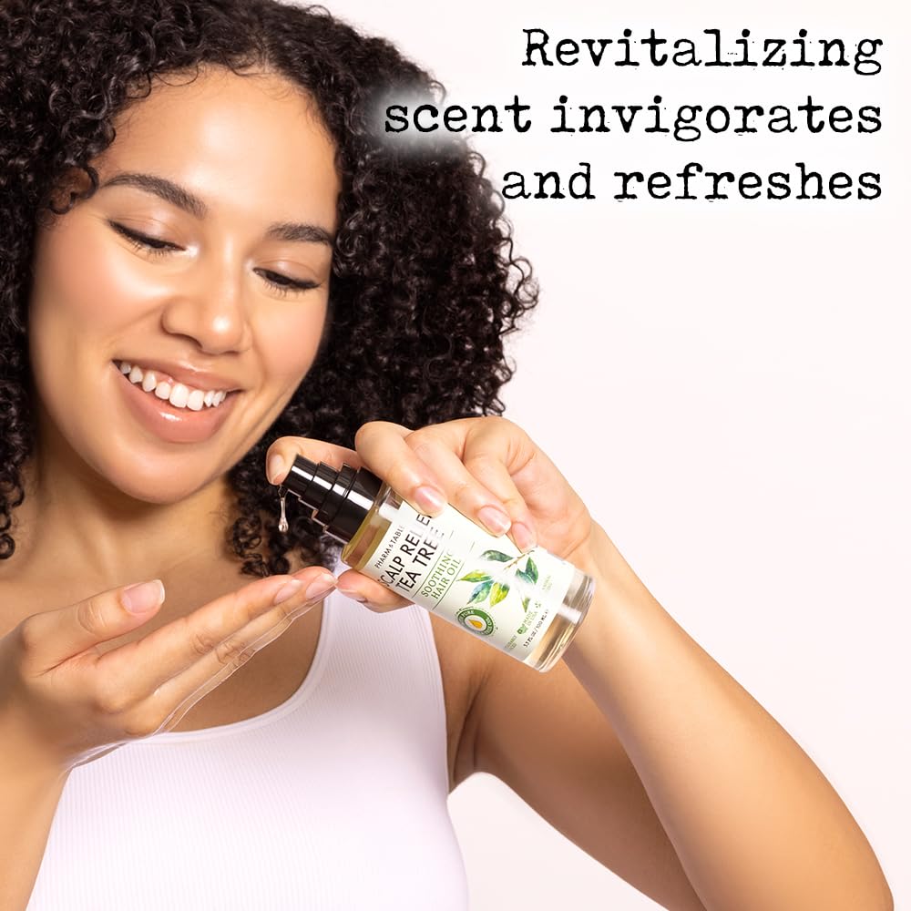 PHARM TO TABLE Tea Tree Hair Oil on dry hair adds shine and frizz control.