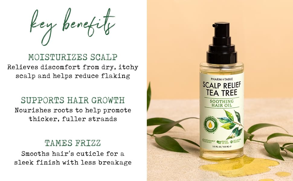 PHARM TO TABLE Tea Tree Hair Oil on wet hair delivers deep moisture.