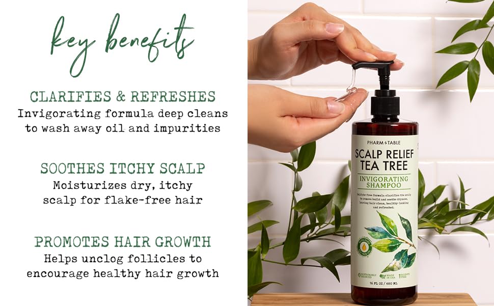 PHARM TO TABLE Tea Tree Shampoo biotin and vitamin E hint at hair vitality benefits.