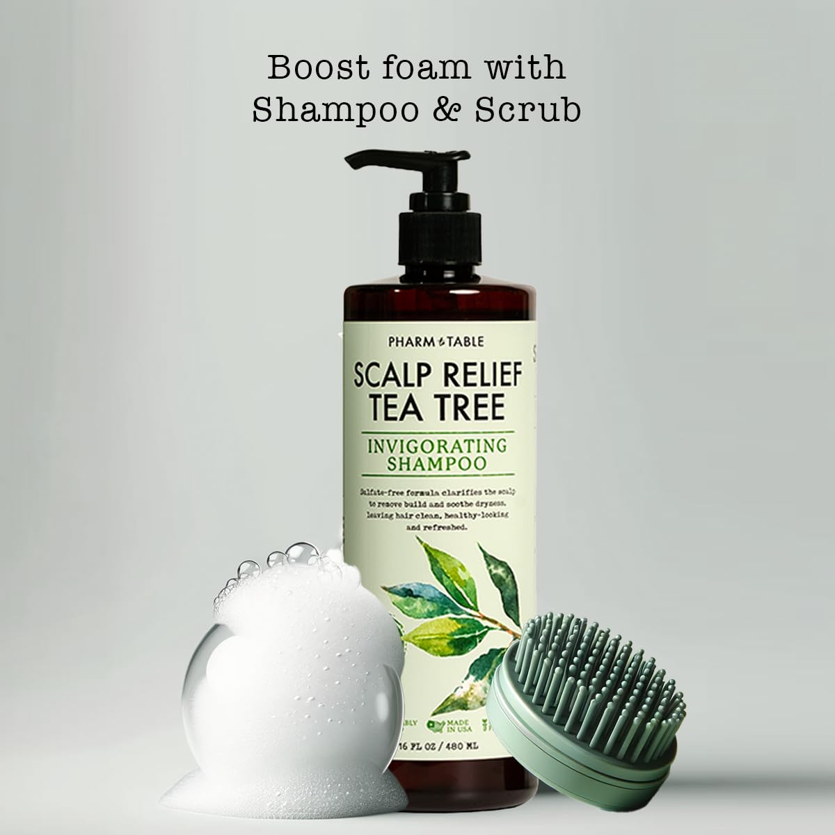 PHARM TO TABLE Tea Tree Shampoo bottle back label lists ingredients for scalp nourishment.