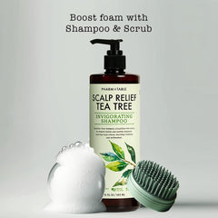 PHARM TO TABLE Tea Tree Shampoo bottle back label lists ingredients for scalp nourishment.