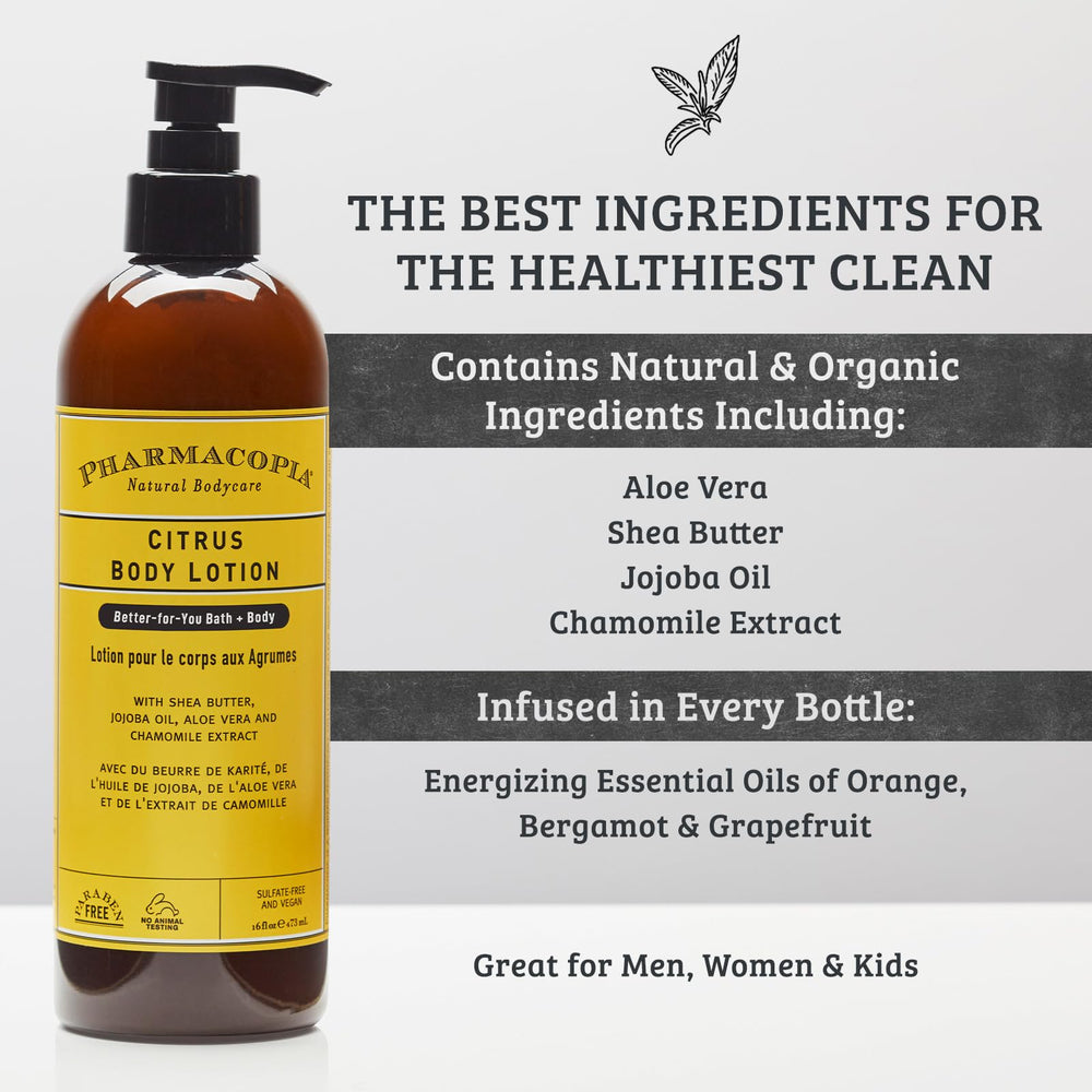 Pharmacopia Citrus Body Lotion featuring jojoba oil for balanced moisture