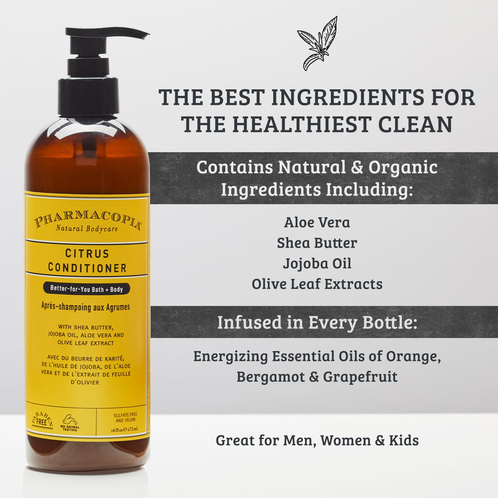 Pharmacopia Citrus Conditioner being applied from hand demonstrates easy, even application and detangling.