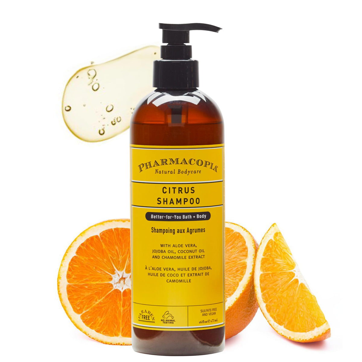 Pharmacopia Citrus Shampoo bottle shows plant-based cleansing for a refreshed scalp.