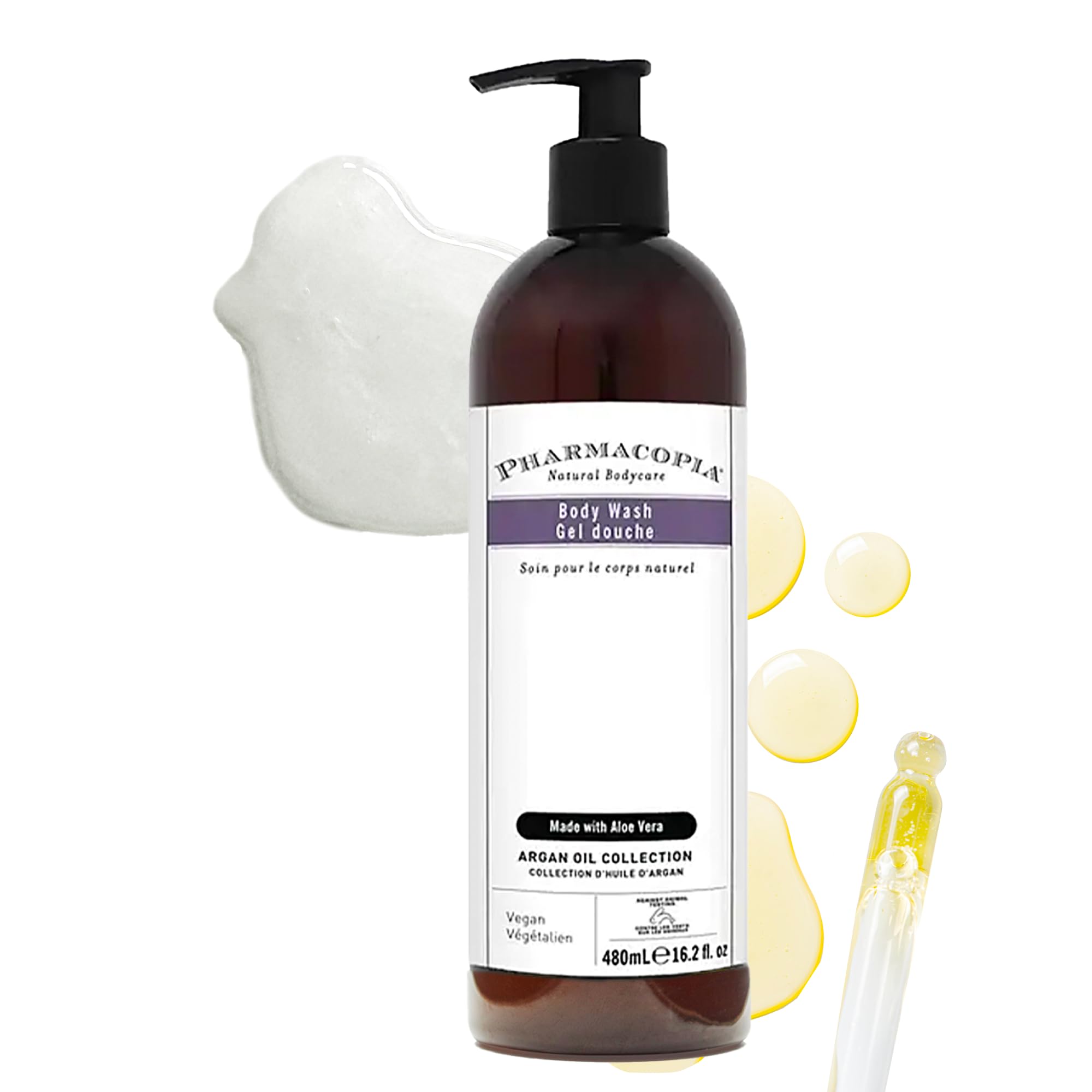 Pharmacopia Hotel Argan Oil Body Wash bottle highlighting vegan, hydrating formula.