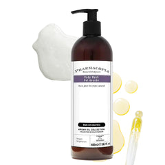 Pharmacopia Hotel Argan Oil Body Wash bottle highlighting vegan, hydrating formula.