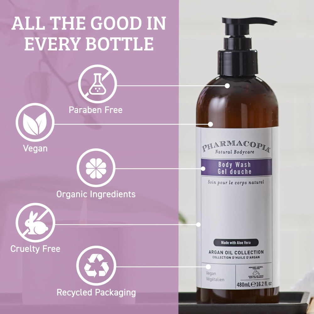 Pharmacopia Hotel Argan Oil Body Wash coconut oil nourishes skin.