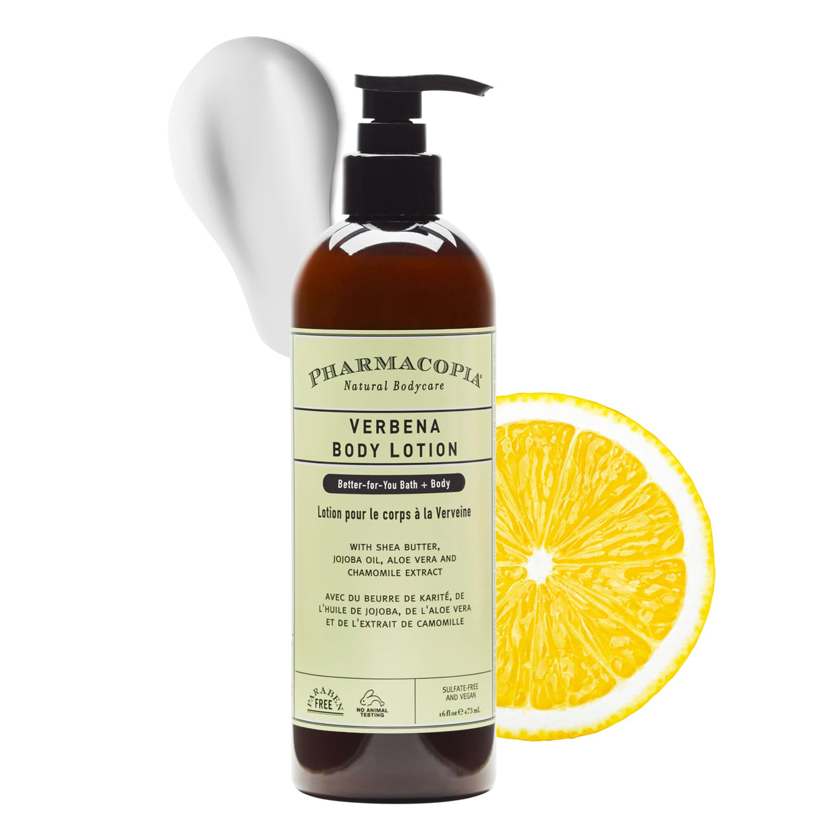 Pharmacopia Verbena Lotion bottle showcases hydrating formula for dry skin and daily comfort.