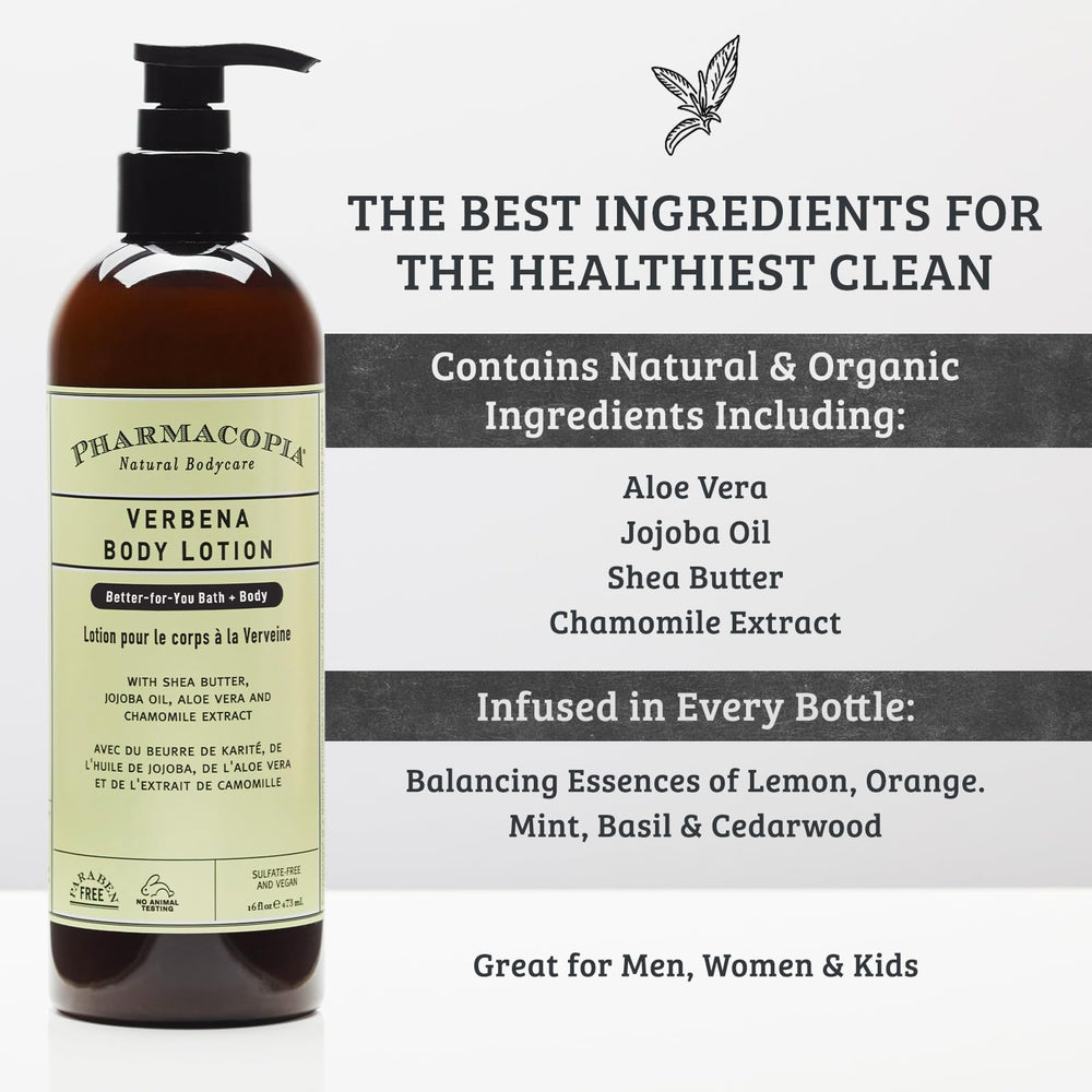 Pharmacopia Verbena lotion jojoba oil nourishes and balances dry zones.