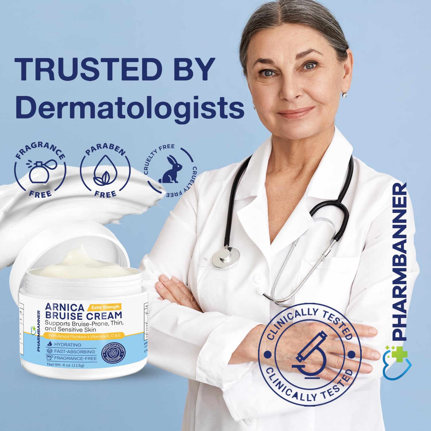 PHARMBANNER Arnica Bruise Cream swatch—visible improvement of skin tone and texture