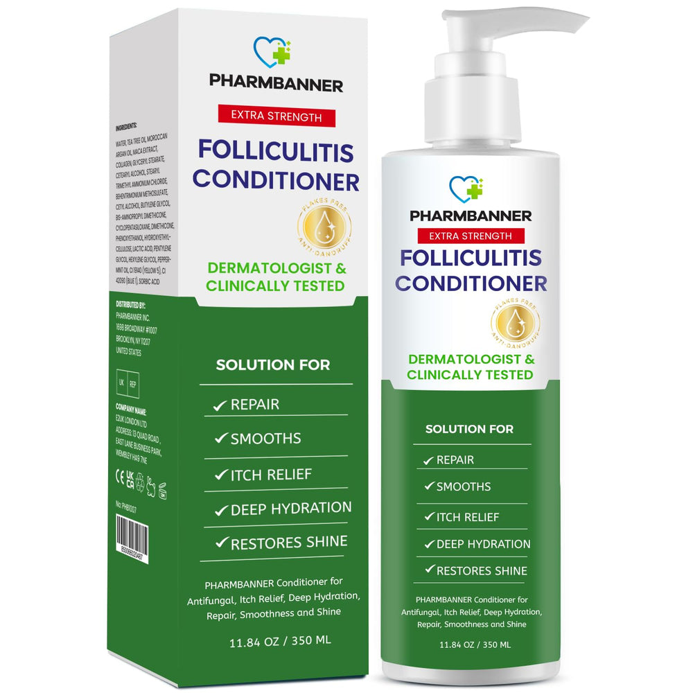 PHARMBANNER Folliculitis conditioner bottle-pour provides soothing scalp relief and hydration.