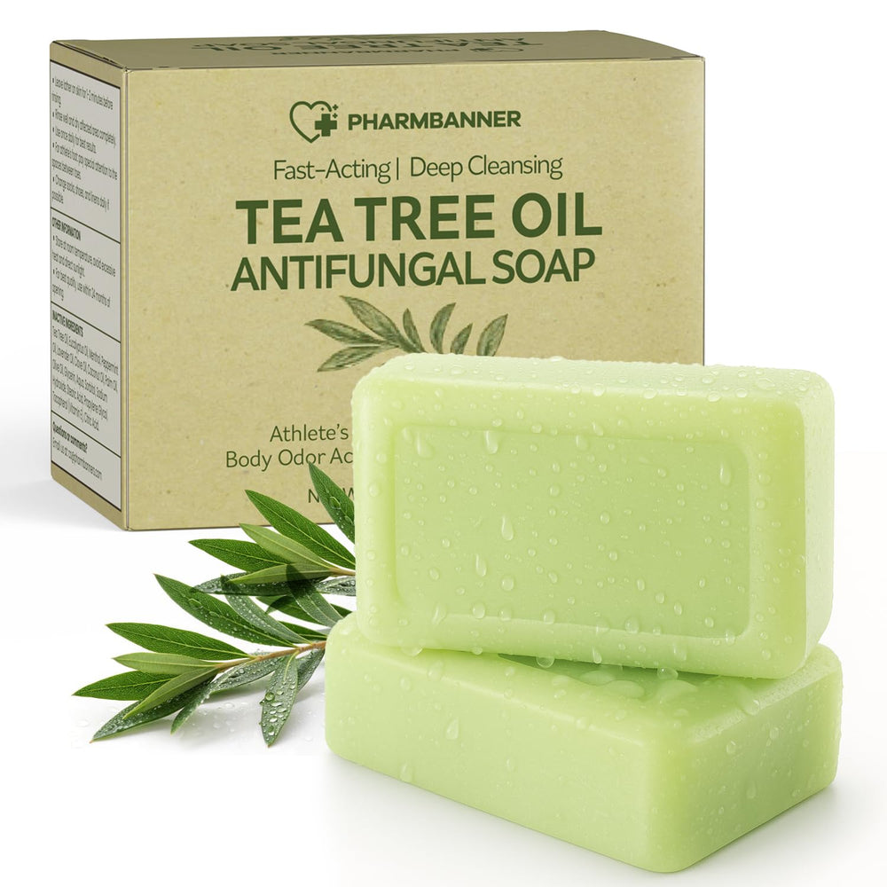 PHARMBANNER Tea Tree Antifungal Soap Bar daily cleansing routine in bathroom