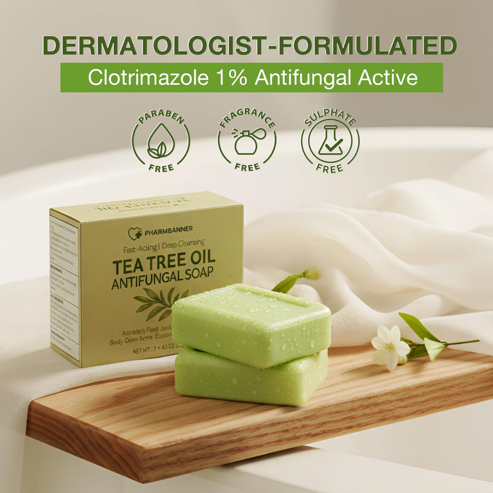 PHARMBANNER Tea Tree Antifungal Soap Bar on shower shelf ready for routine