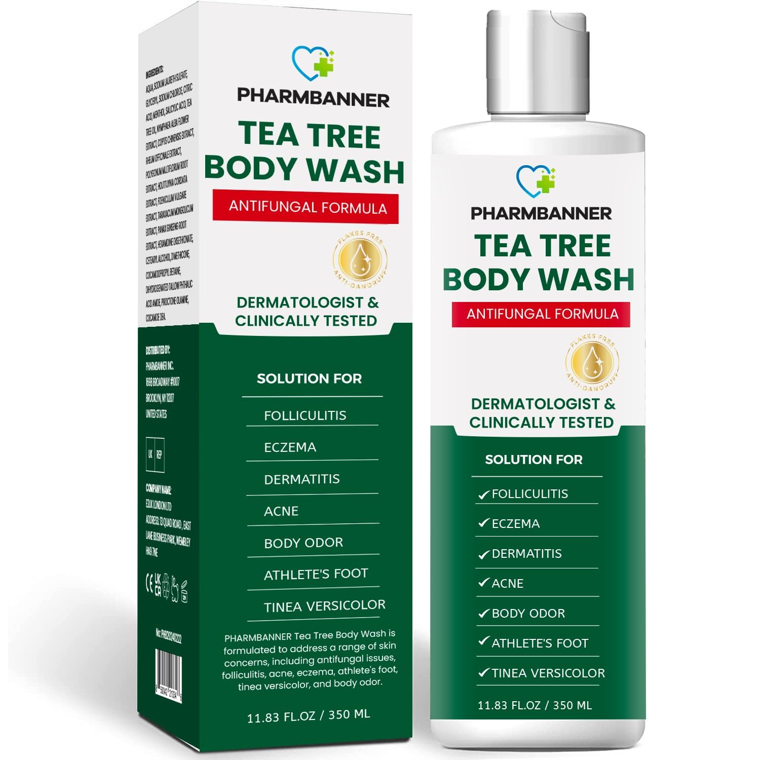 PHARMBANNER Tea Tree Body Wash bottle with soothing lather for daily cleansing.