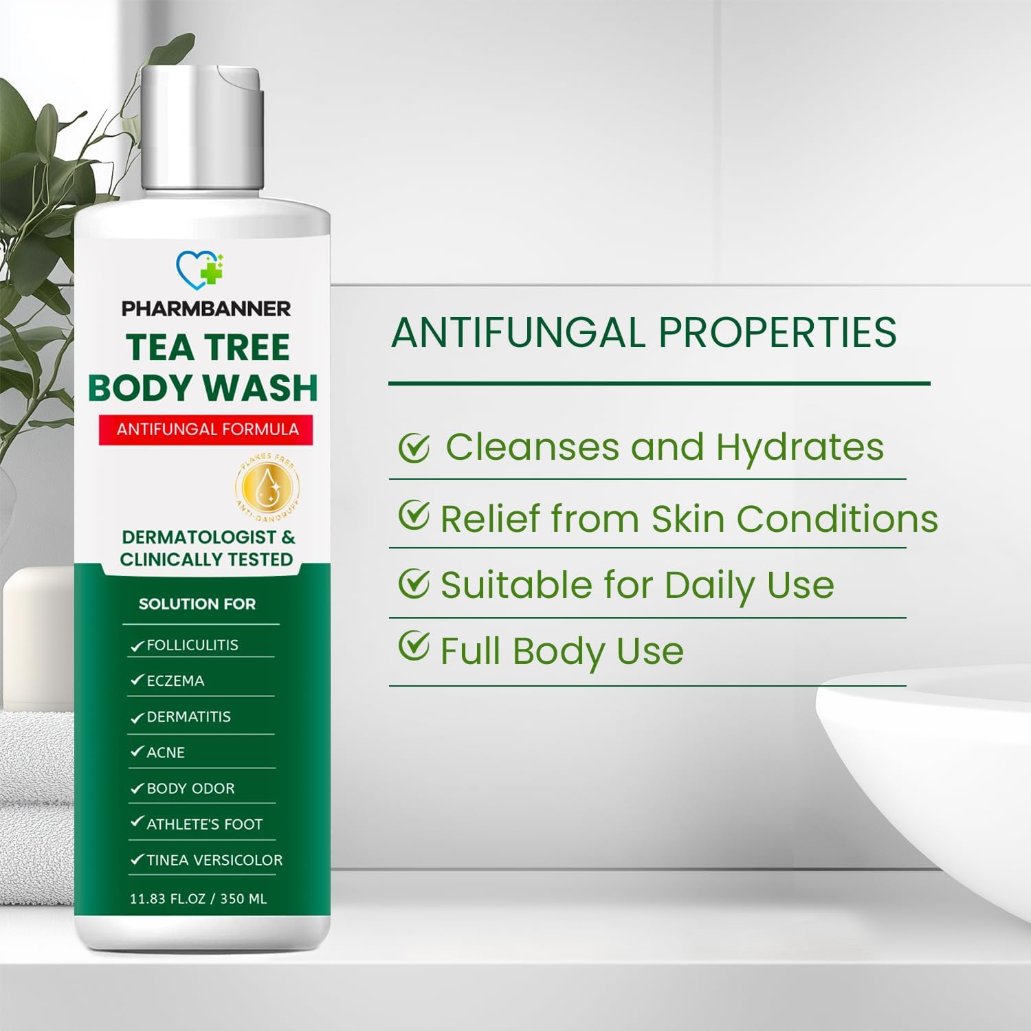PHARMBANNER Tea Tree Body Wash label emphasizing dermatologist-inspired natural formula for sensitive skin.