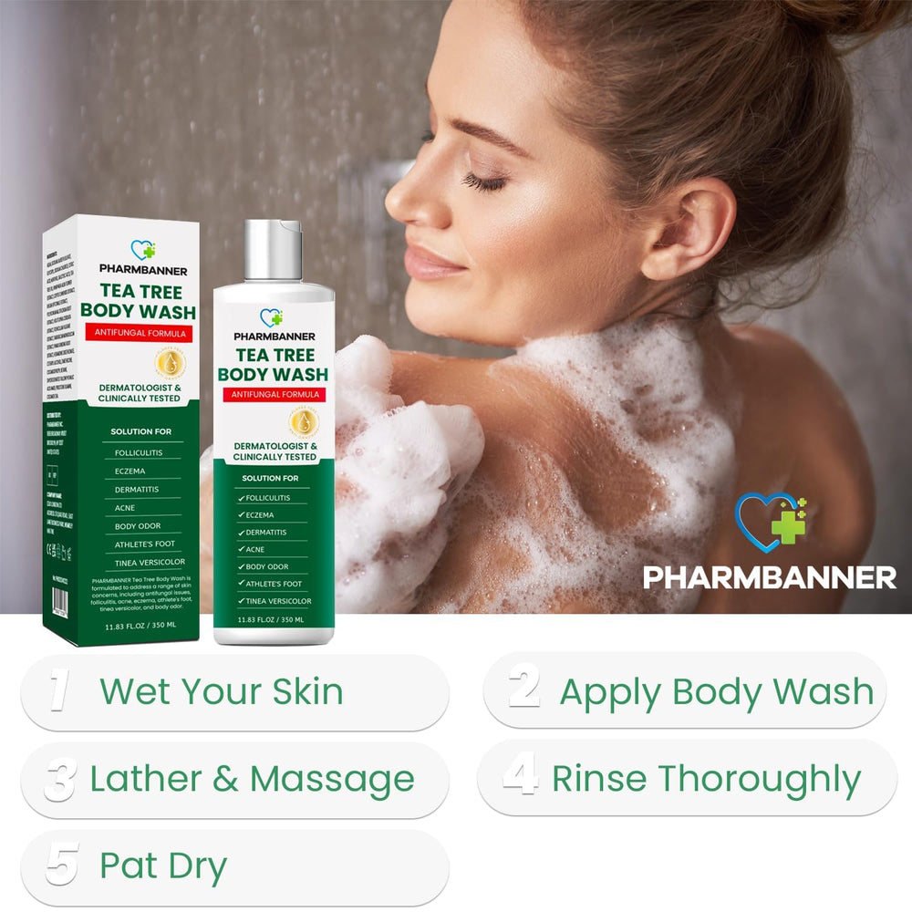 PHARMBANNER Tea Tree Body Wash bottle beside towel signaling daily, versatile body and face cleansing.