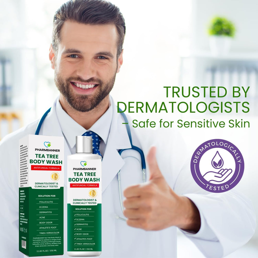 PHARMBANNER Tea Tree Body Wash on skin demonstrating head-to-toe use in shower routine.