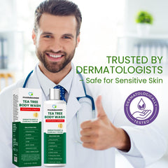PHARMBANNER Tea Tree Body Wash on skin demonstrating head-to-toe use in shower routine.