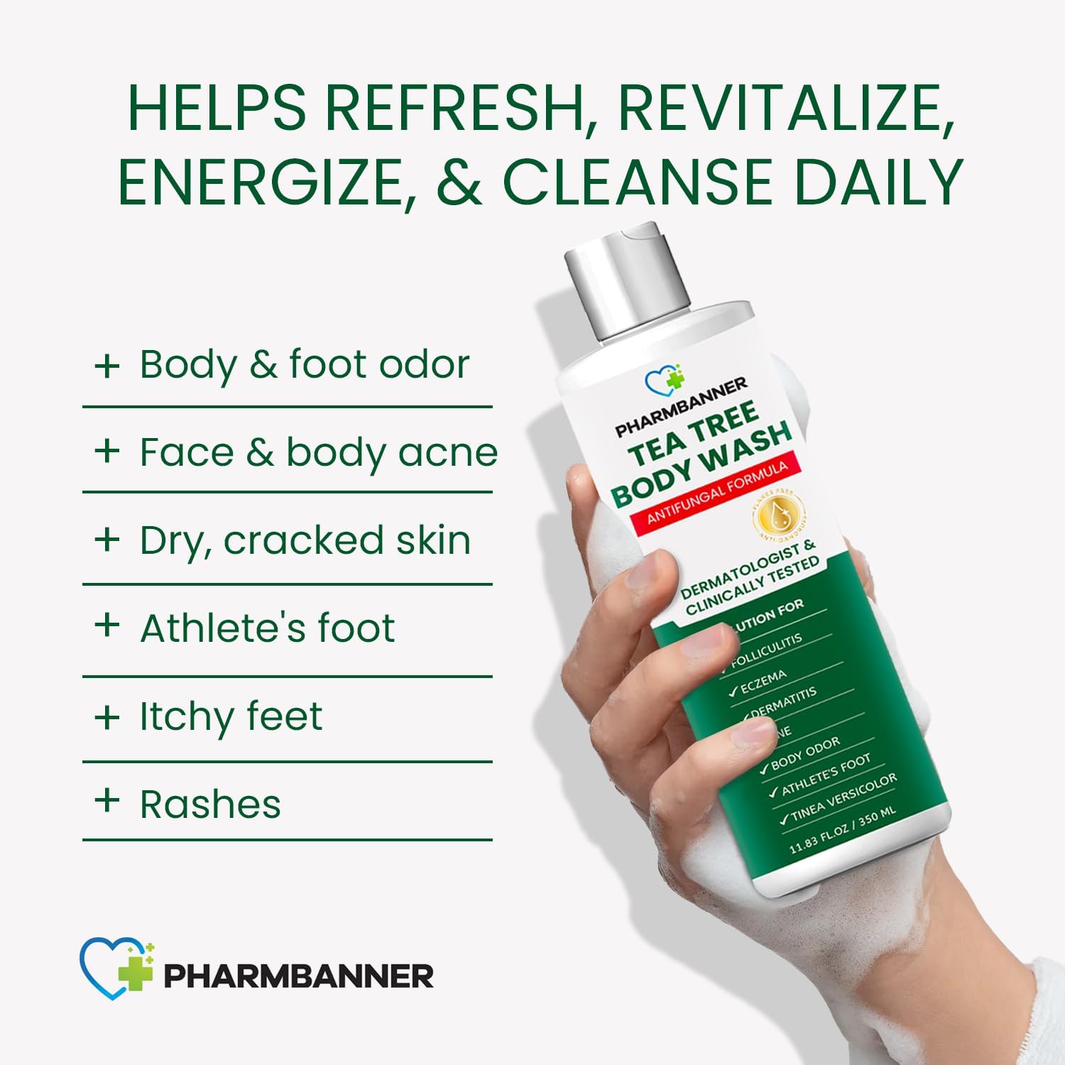 PHARMBANNER Tea Tree Body Wash pump bottle highlighting hydrating formula for dry, comfortable skin.