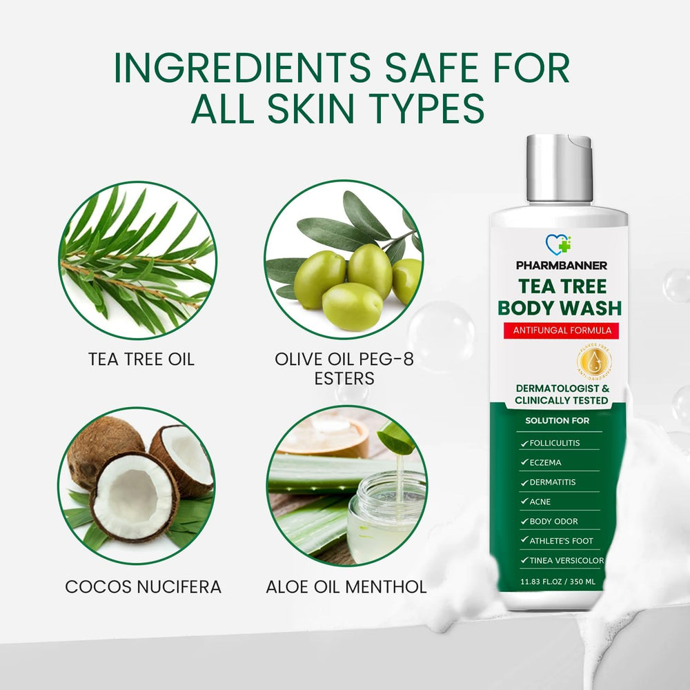 PHARMBANNER Tea Tree Body Wash ingredients close-up featuring natural tea tree oil and olive oil.