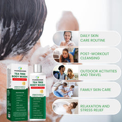 PHARMBANNER Tea Tree Body Wash foaming action showing gentle cleansing for sensitive or acne-prone skin.