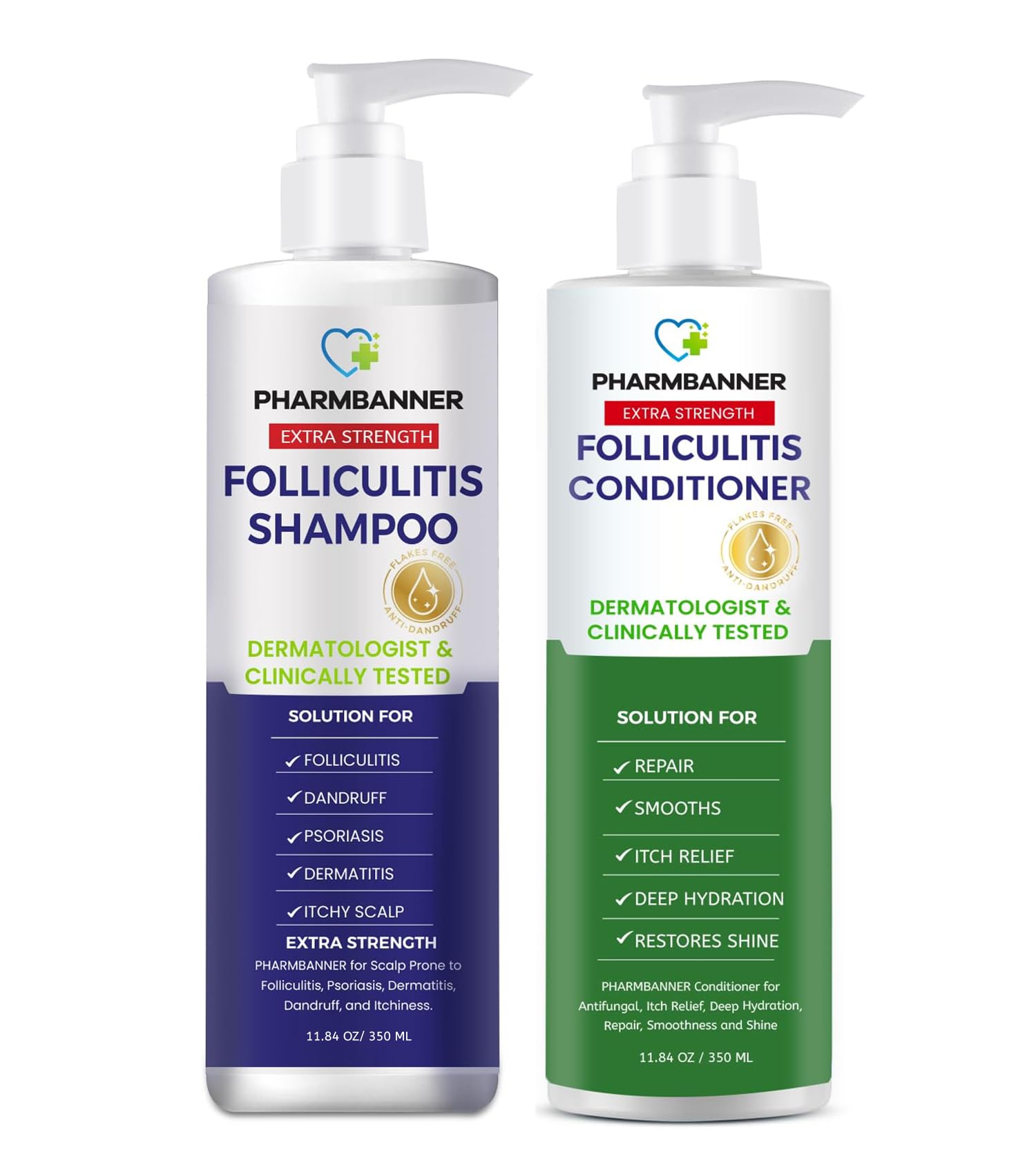PHARMBANNER tea tree shampoo bottle pour demonstrates clarifying cleanse for a balanced scalp.