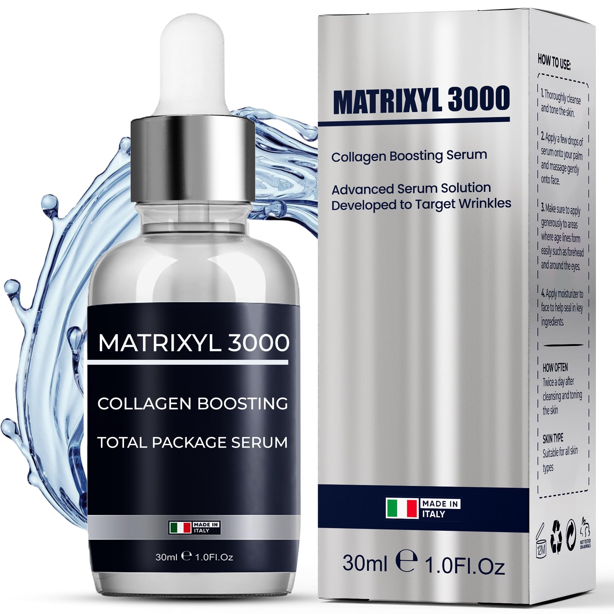 Pharmlitalia Matrixyl-3000 Serum bottle shows a potent anti-wrinkle formula for firmer skin.