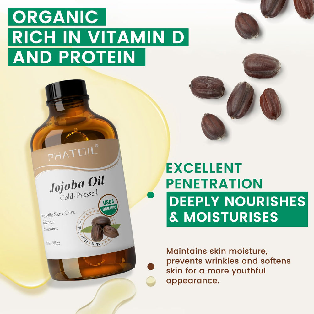 PHATOIL Jojoba Oil ingredient label highlights USDA Organic status and vitamin D