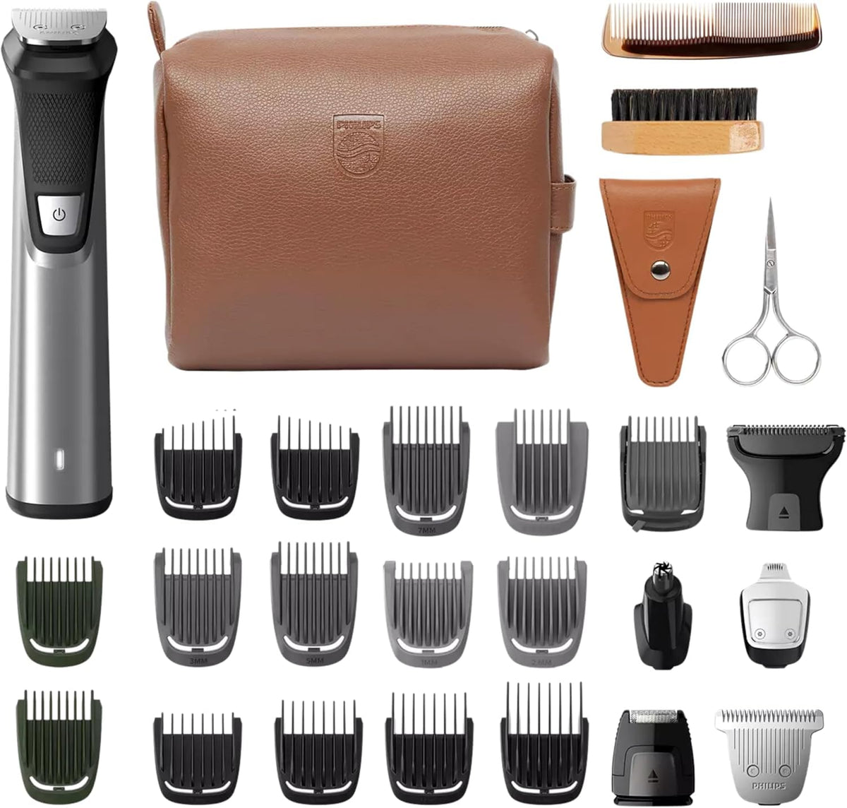 Philips Multigroom 7000 all-in-one packaging shows complete grooming versatility.