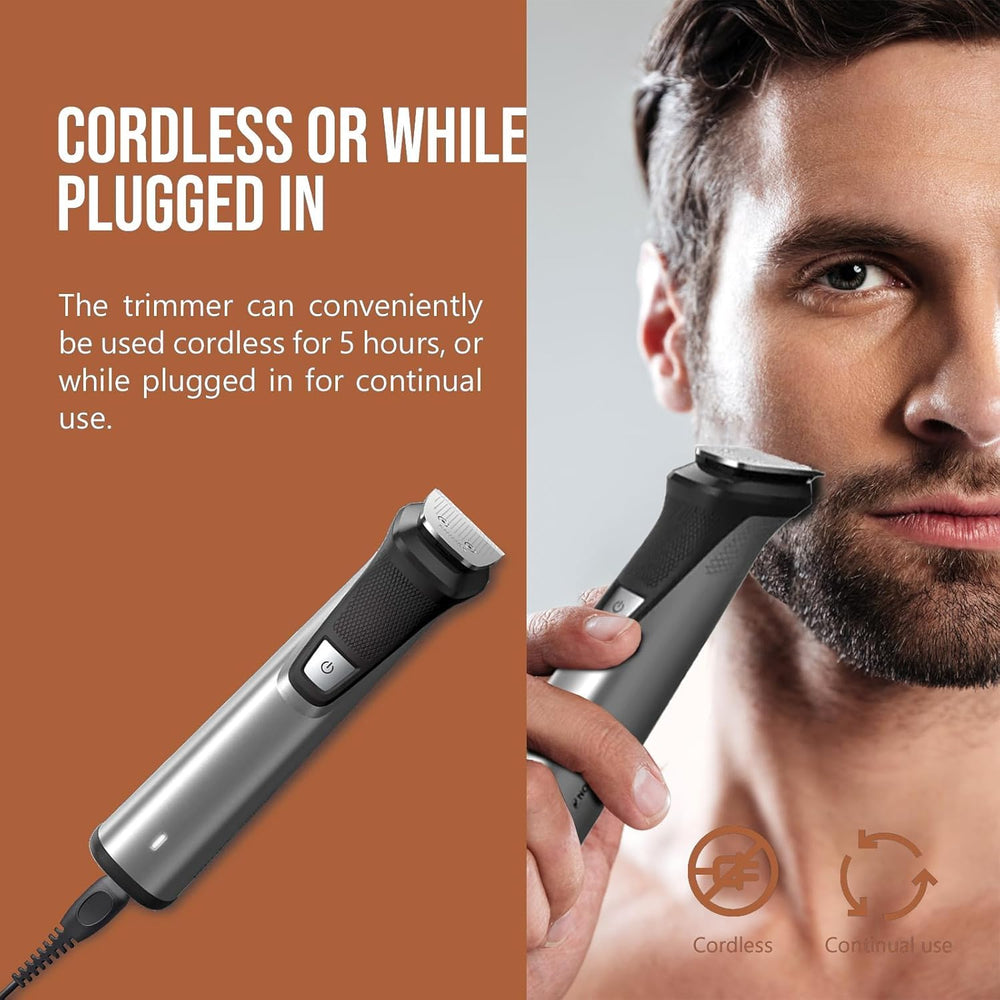 Philips Multigroom 7000 lithium-ion battery charging demonstrates long runtime for travel.