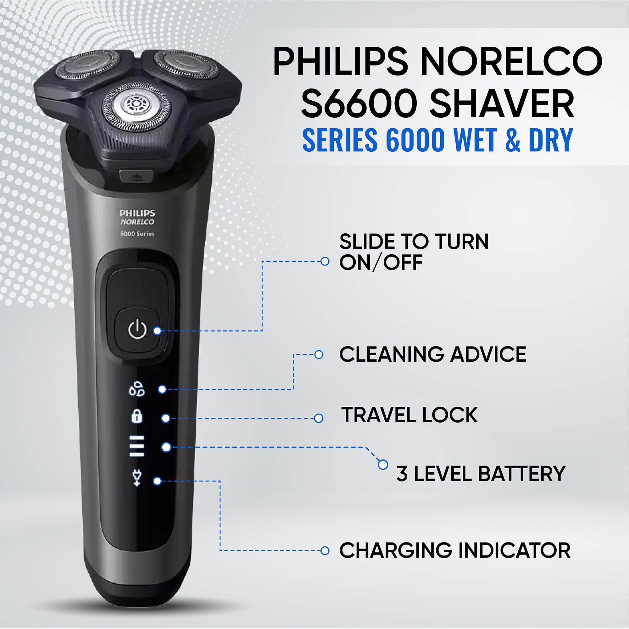 Philips Norelco 6600 LED display and anti-slip grip for wet or dry use