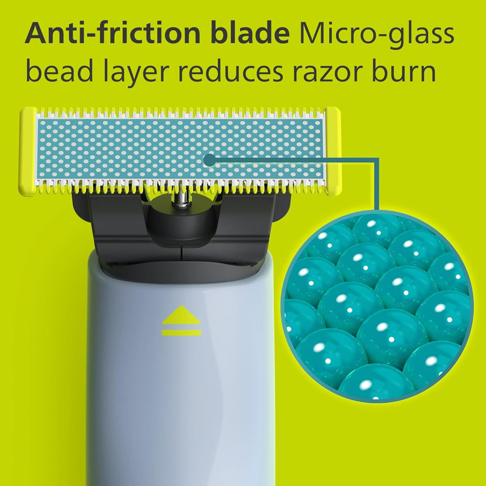 Philips OneBlade First Shave handle detail highlighting safe, rounded tips for skin protection