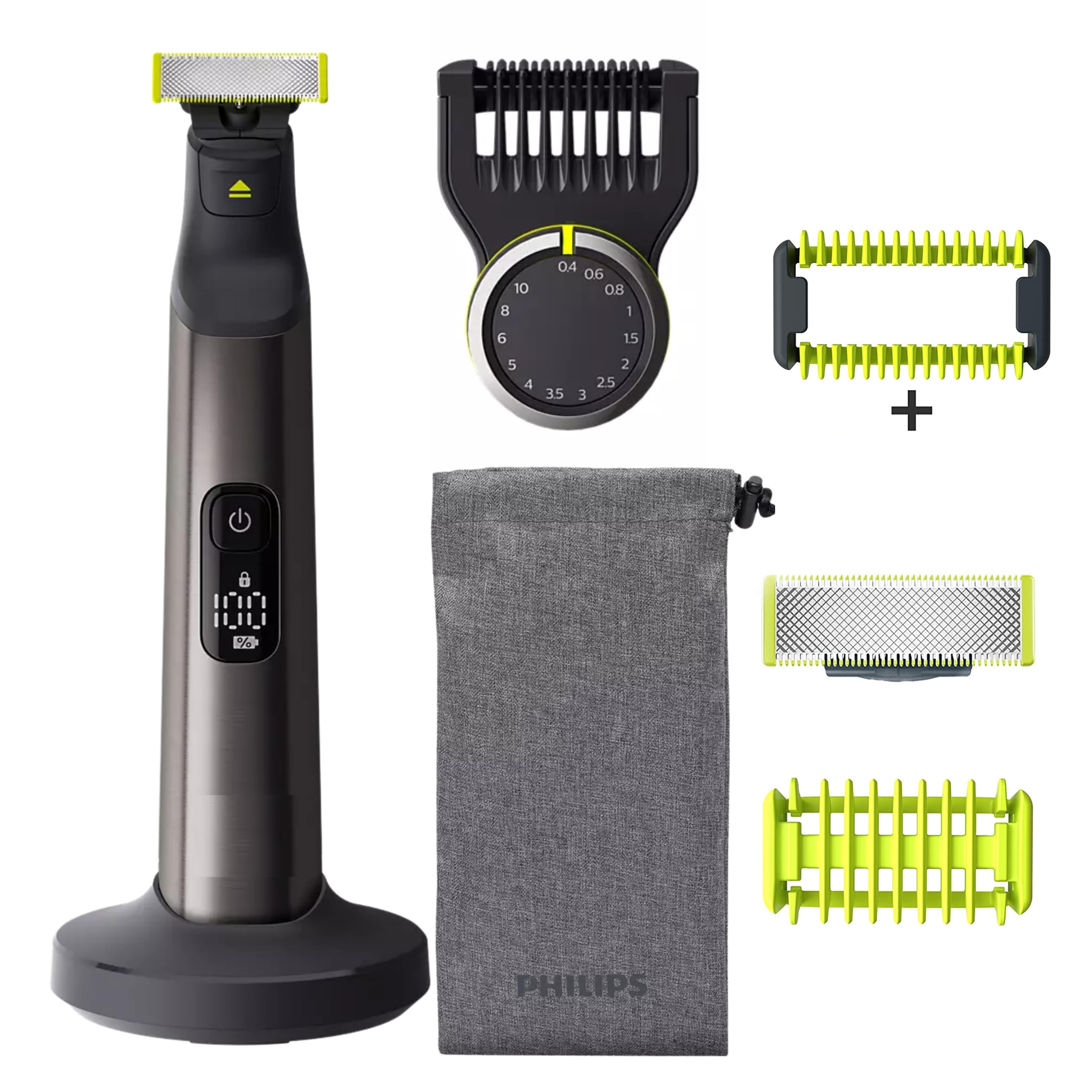 Philips OneBlade Pro digital display shows battery status for ready grooming