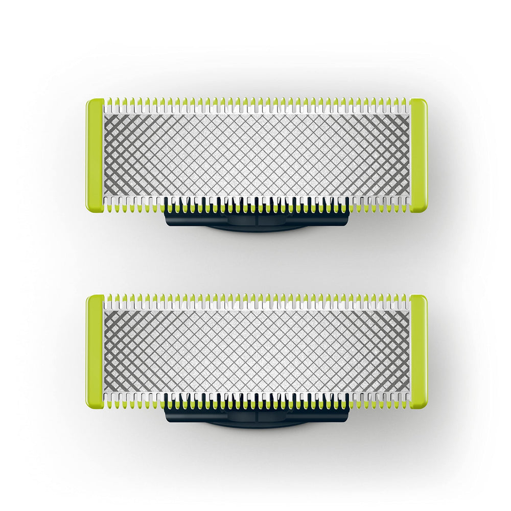 Philips OneBlade stainless-steel blades closeup for precise, smooth facial trims.