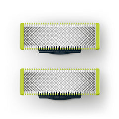 Philips OneBlade stainless-steel blades closeup for precise, smooth facial trims.