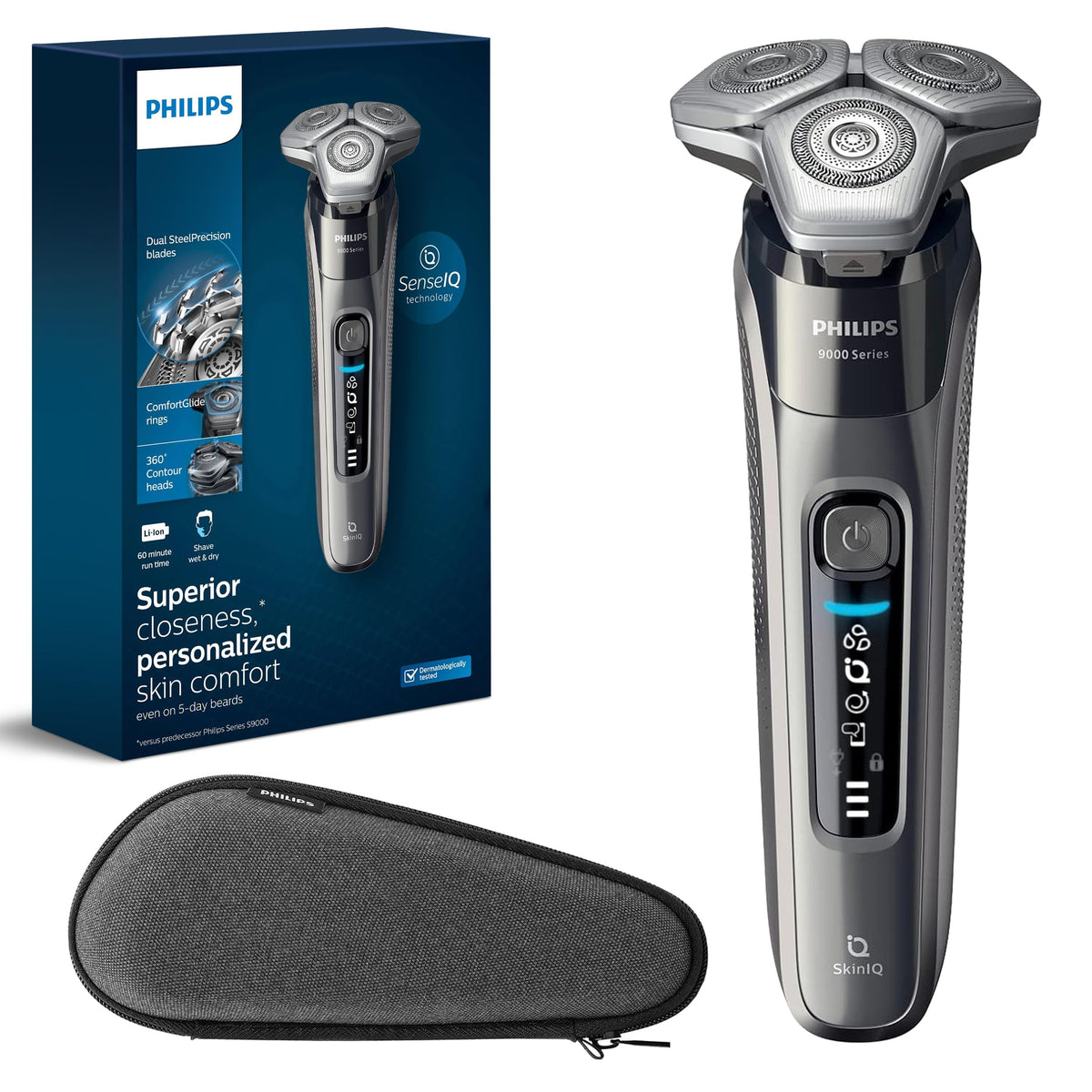 Philips Series 9000 shaver head close-up showing precision blades for a close shave
