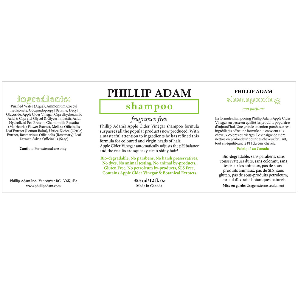 Phillip Adam Fragrance Free Shampoo bottle being poured for gentle cleansing