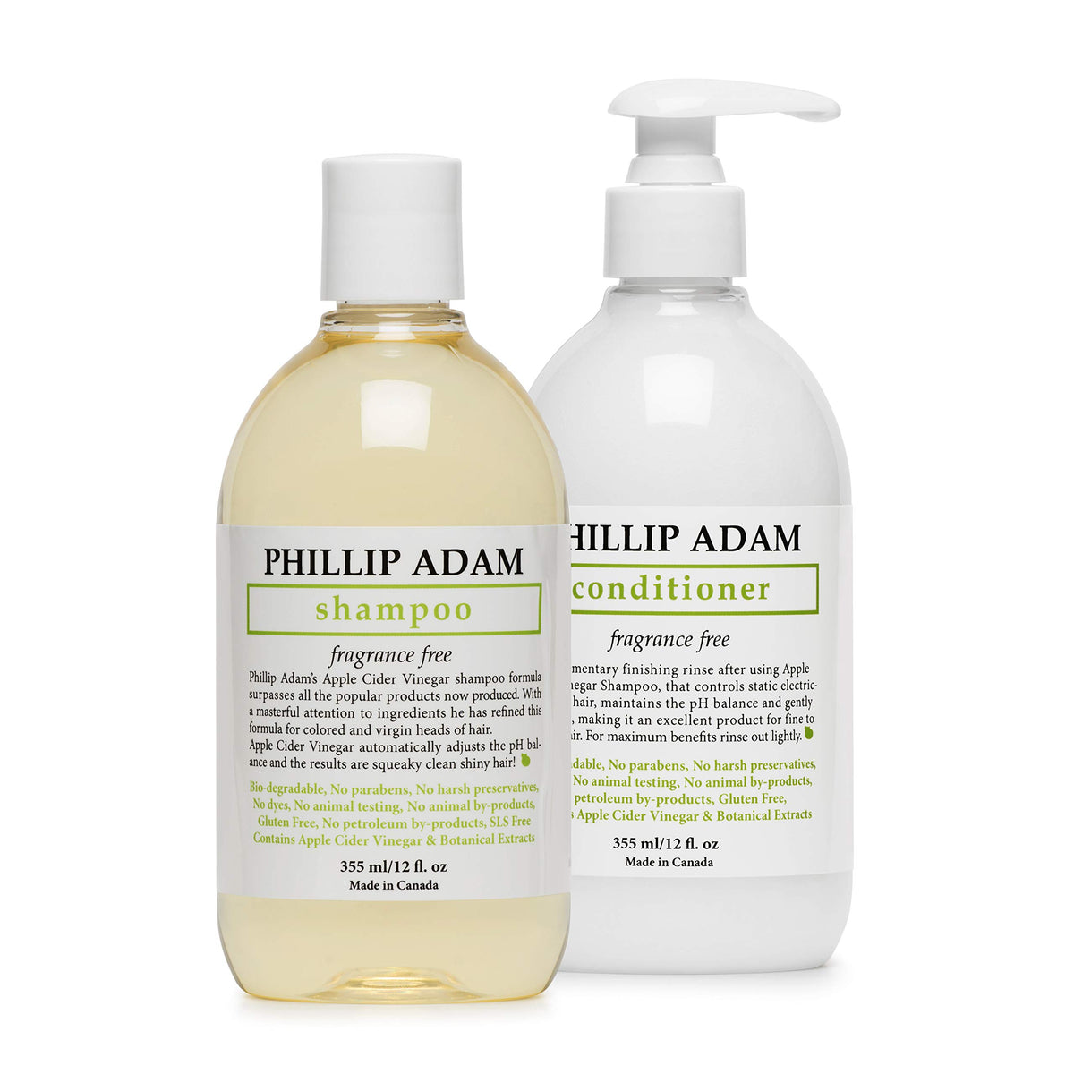 Phillip Adam fragrance-free shampoo bottle shows unscented formula for sensitive scalps.