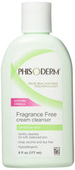 Phisoderm Fragrance Free Cream Cleanser bottle demonstrates gentle daily cleansing for sensitive skin.