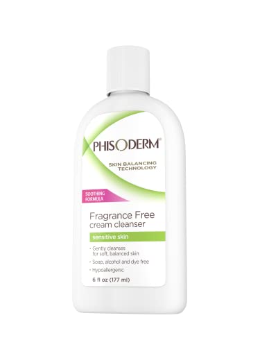 Phisoderm fragrance-free cream cleanser packaging highlights the 6 oz bottle for daily use on sensitive skin.