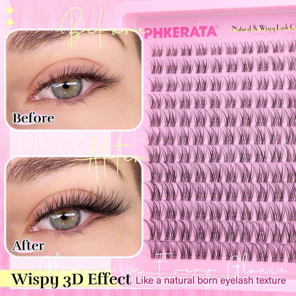 PHKERATA Invisible Band Lash Clusters Kit application close-up highlights wispy bands blending with lashes.