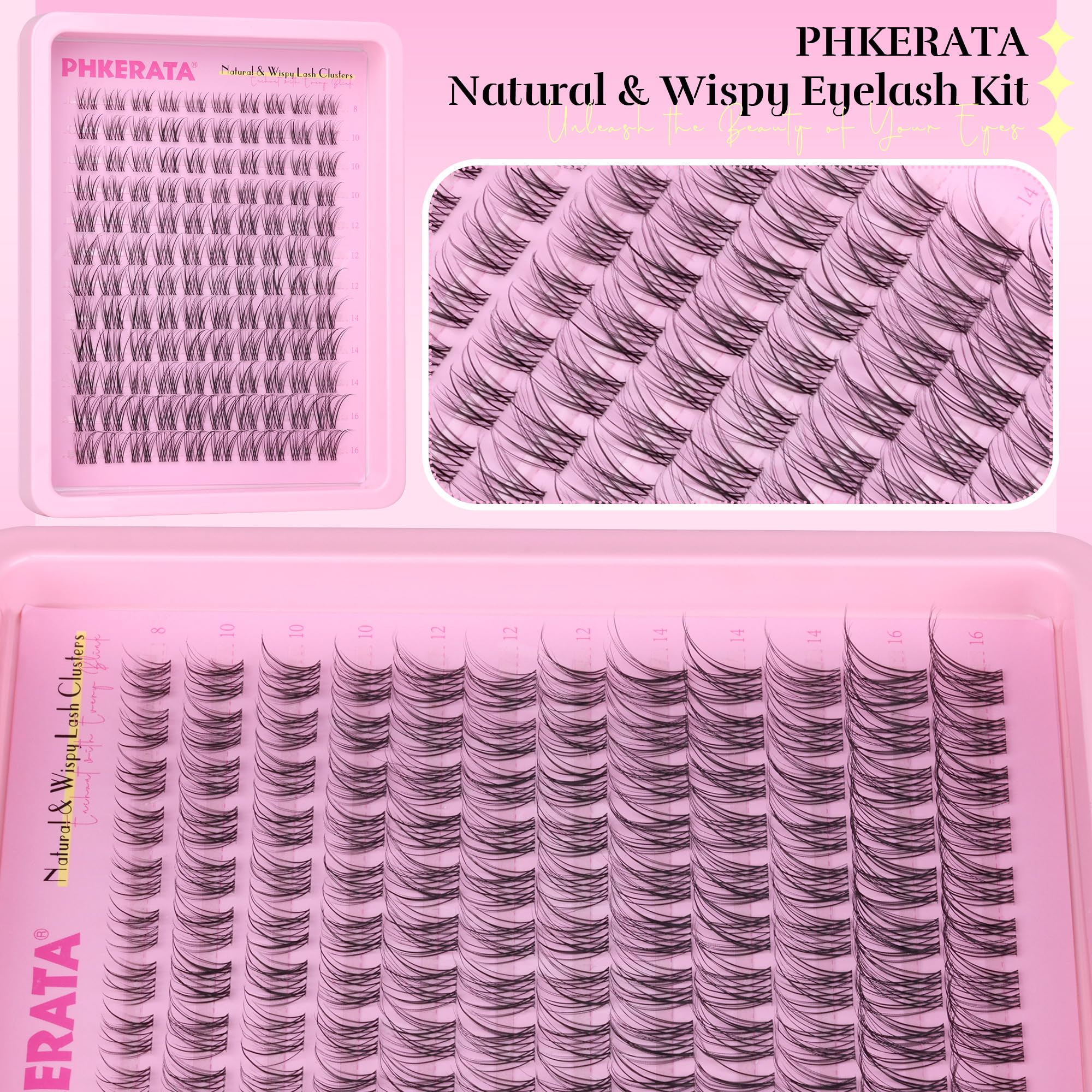 PHKERATA Mixed-length lash clusters arranged for at-home salon-style application.